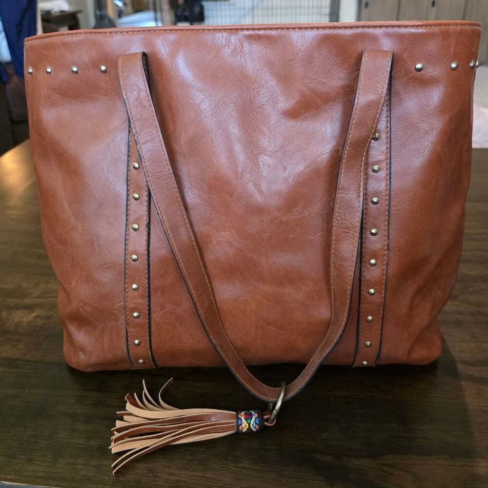 Faux Leather Studded Tote Bag with Tassel
